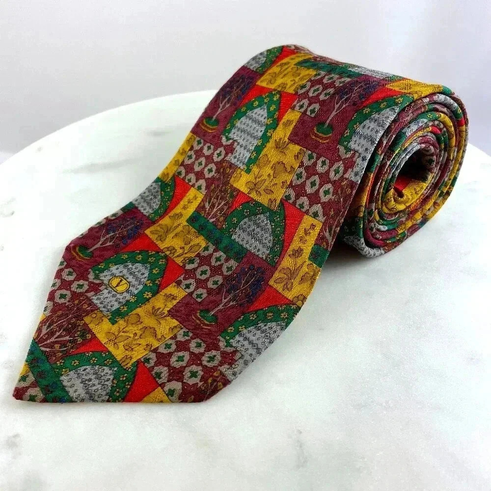 VALENTINO CRAVATTE 100% Silk Men Red, Green & Gold Tree Necktie, Made in Italy